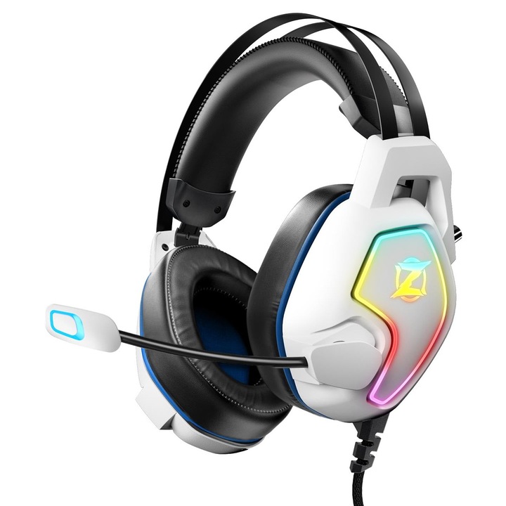 Casti gaming Ozeino ZW2, over-ear, microfon cu anulare a zgomotului, alb/negru