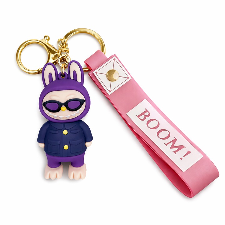 Breloc din Cauciuc pentru Chei si Ghiozdan, Personaj Iepuras Mov cu Ochelari, Accesoriu Decorativ cu Curea „BOOM”, Multicolor
