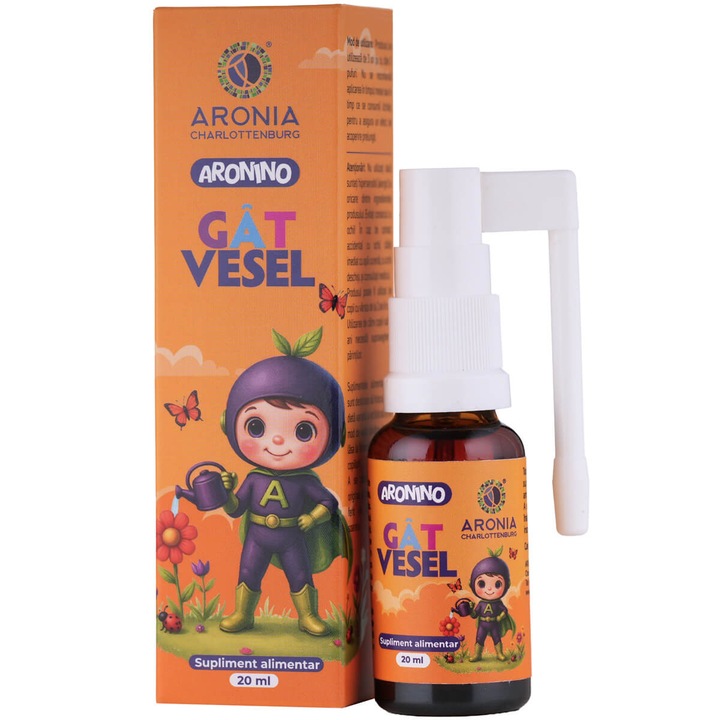 Aronino Gat Vesel — spray pentru copii eficient impotriva durerilor in gat si disconfortului la inghitire, realizat din 6 ingrediente naturale