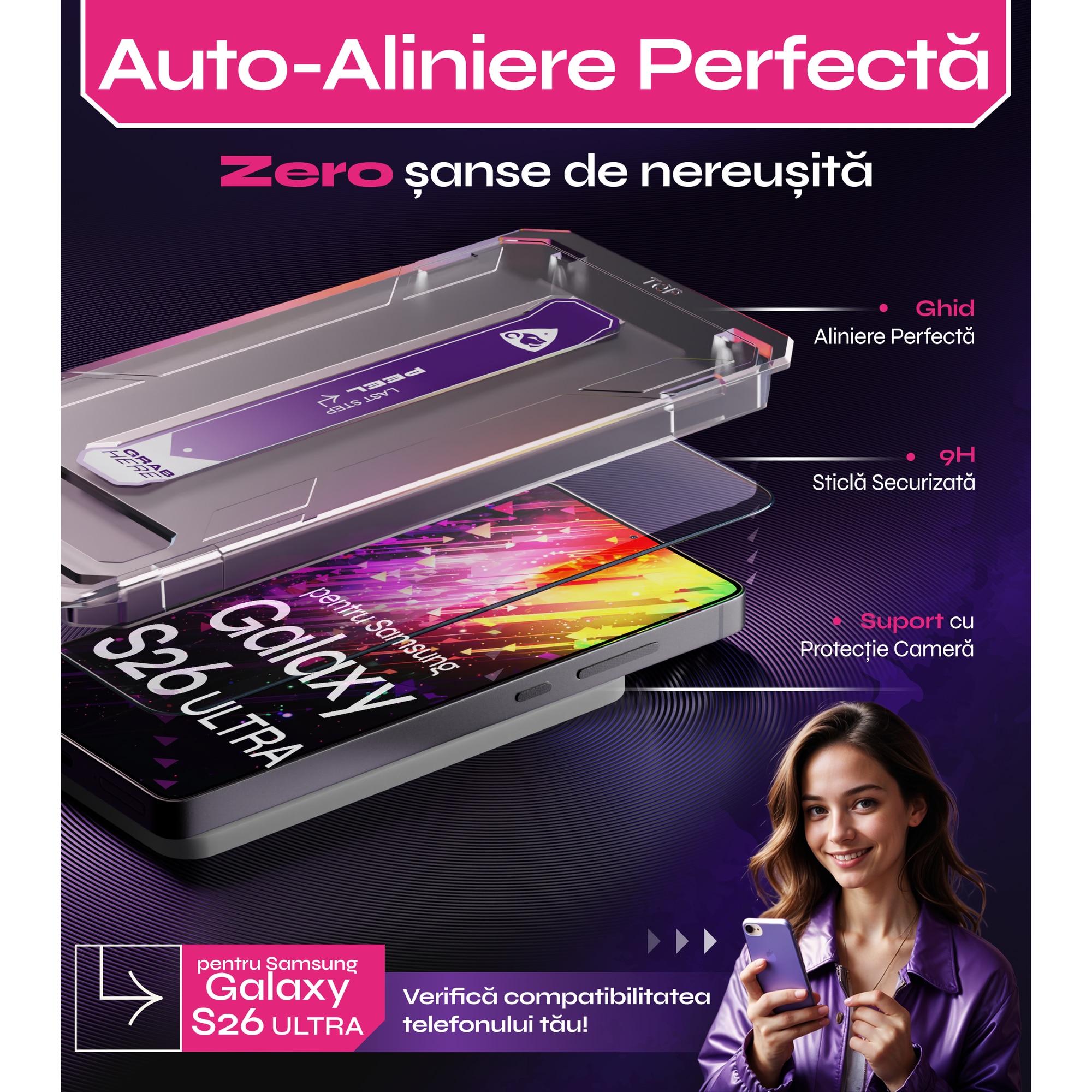 Set 2 Folii sticla compatibil cu Samsung Galaxy S26 ULTRA, DefenSlim, instalare usoara si rapida cu dispozitiv de potrivire automata in 30 sec cu Easy Install Kit patentat, protectie telefon