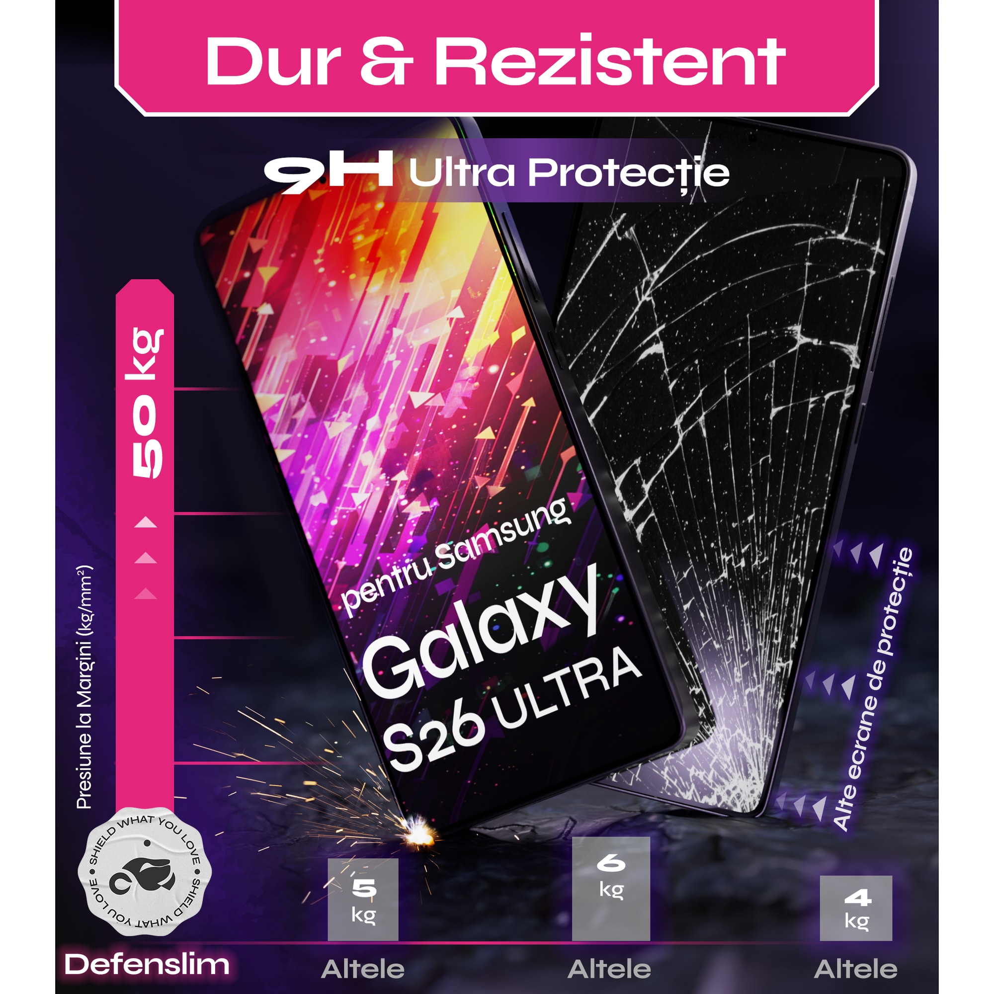 Set 2 Folii sticla compatibil cu Samsung Galaxy S26 ULTRA, DefenSlim, instalare usoara si rapida cu dispozitiv de potrivire automata in 30 sec cu Easy Install Kit patentat, protectie telefon