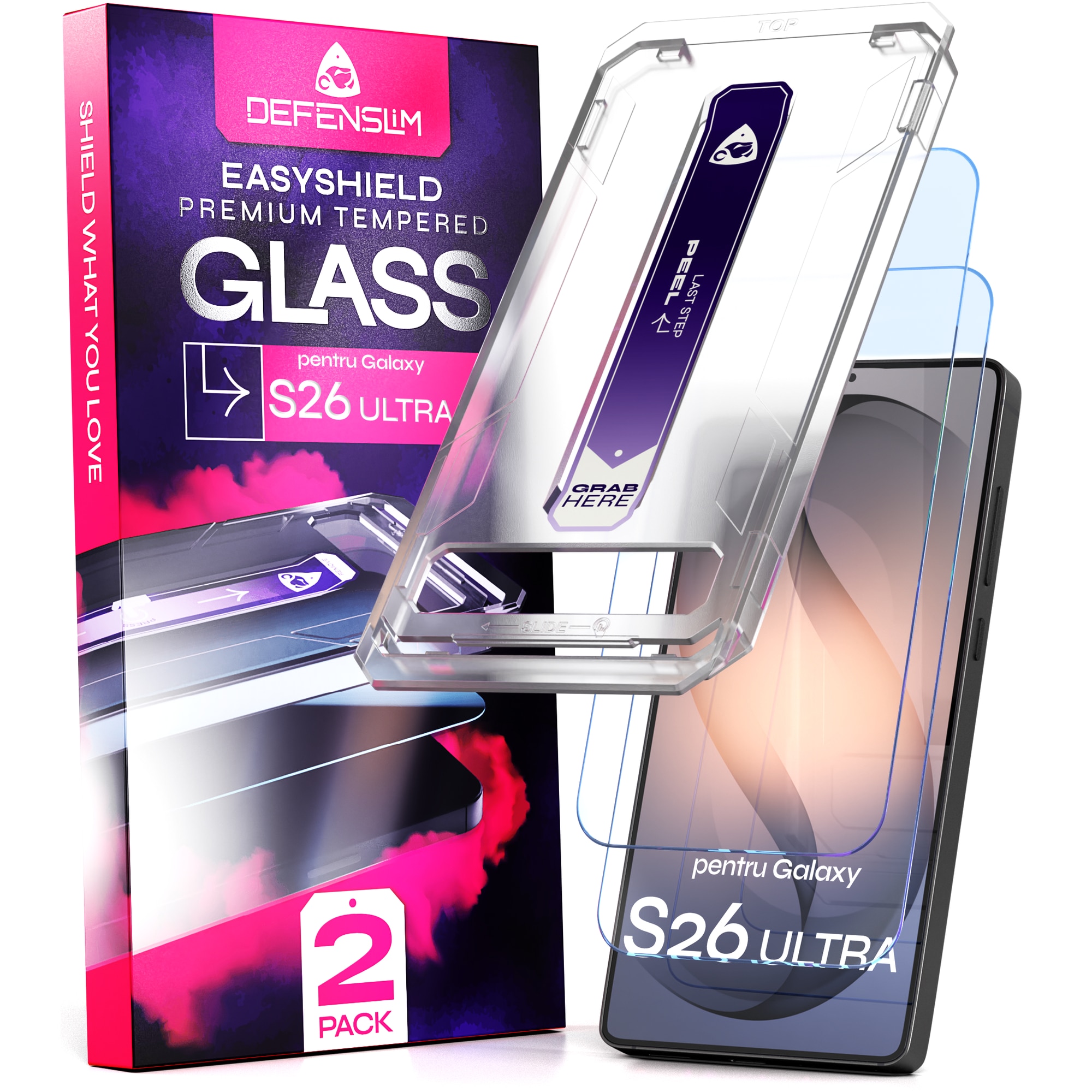 Set 2 Folii sticla compatibil cu Samsung Galaxy S26 ULTRA, DefenSlim, instalare usoara si rapida cu dispozitiv de potrivire automata in 30 sec cu Easy Install Kit patentat, protectie telefon