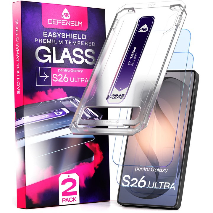 Set 2 Folii sticla compatibil cu Samsung Galaxy S26 ULTRA, DefenSlim, instalare usoara si rapida cu dispozitiv de potrivire automata in 30 sec cu Easy Install Kit patentat, protectie telefon