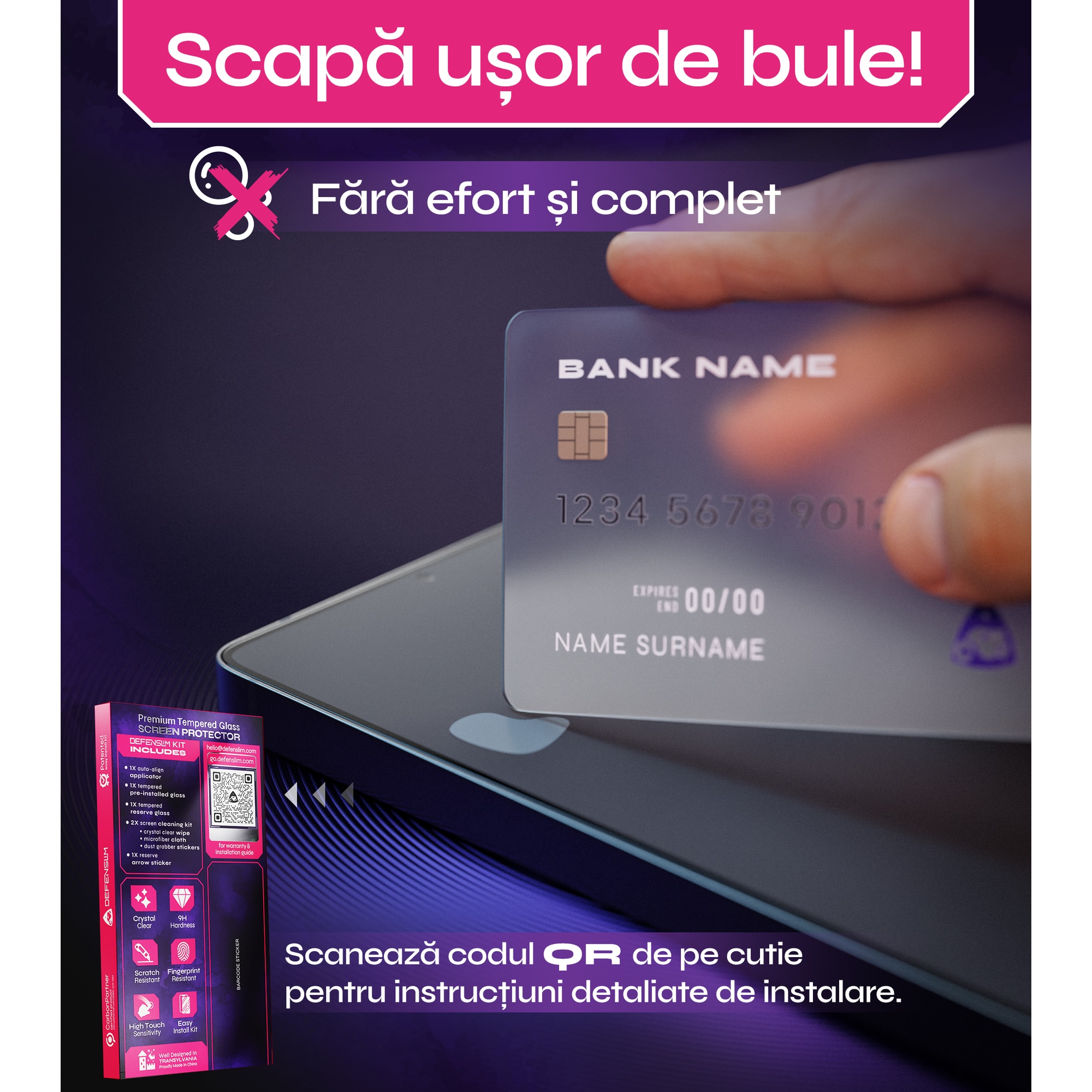 Set 2 Folii sticla compatibil cu Samsung Galaxy S26 ULTRA, DefenSlim, instalare usoara si rapida cu dispozitiv de potrivire automata in 30 sec cu Easy Install Kit patentat, protectie telefon