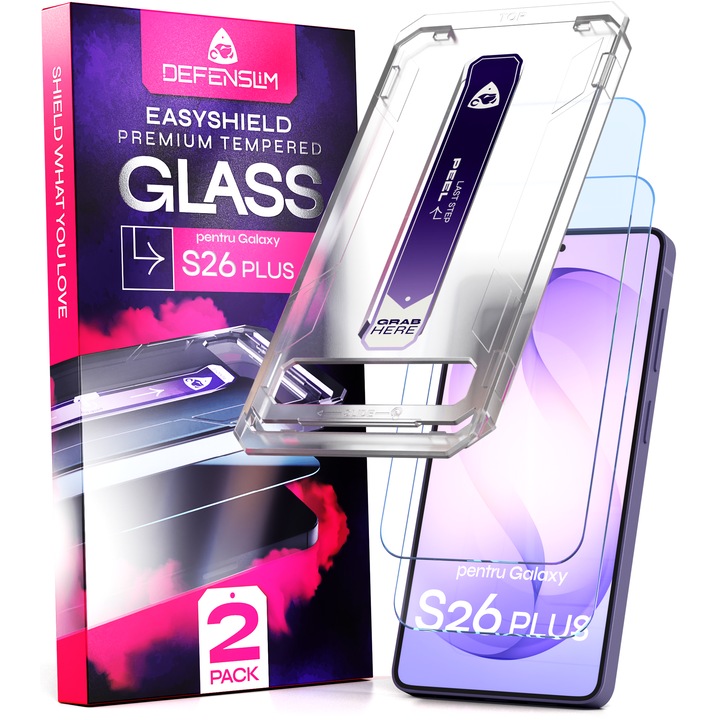 Set 2 Folii sticla compatibil cu Samsung Galaxy S26 PLUS, DefenSlim, instalare usoara si rapida cu dispozitiv de potrivire automata in 30sec cu Easy Install Kit patentat, protectie telefon