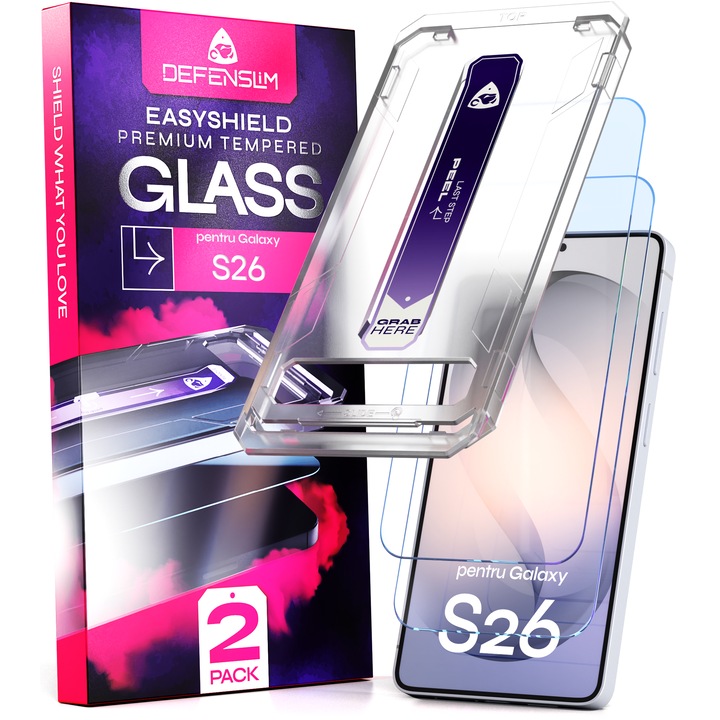 Set 2 Folii sticla compatibil cu Samsung Galaxy S26, DefenSlim, instalare usoara si rapida cu dispozitiv de potrivire automata in 30 sec cu Easy Install Kit patentat, protectie telefon