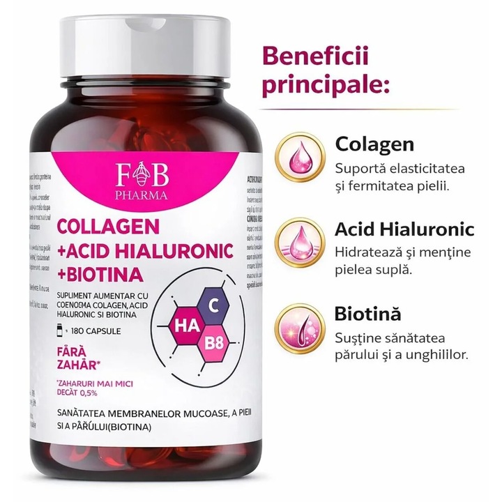 Colagen + Acid Hialuronic + Biotina F&B Pharma™ BeautyBoost Complex Pro, 180 Capsule, Formula Tripla BioActive+, Supliment Piele, Par, Unghii si Sistem Osteo-Articular, Elasticitate si Hidratare Optima, Fabricat in Italia