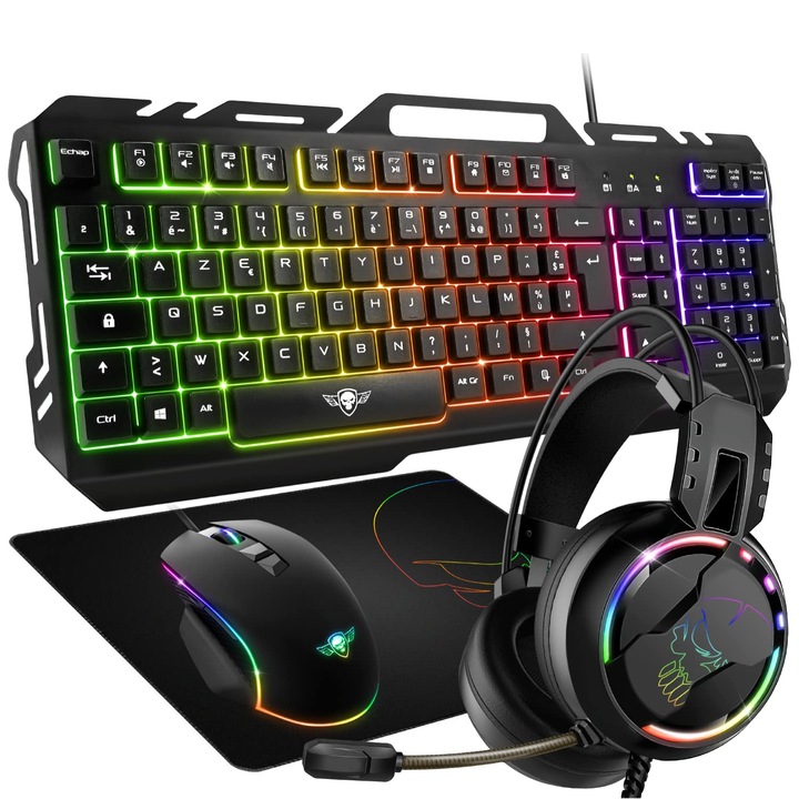 Set Jocuri Spirit of Gamer, Pachet 4-in-1, Mouse RGB Azerty 6400 DPI, Casti Gaming
