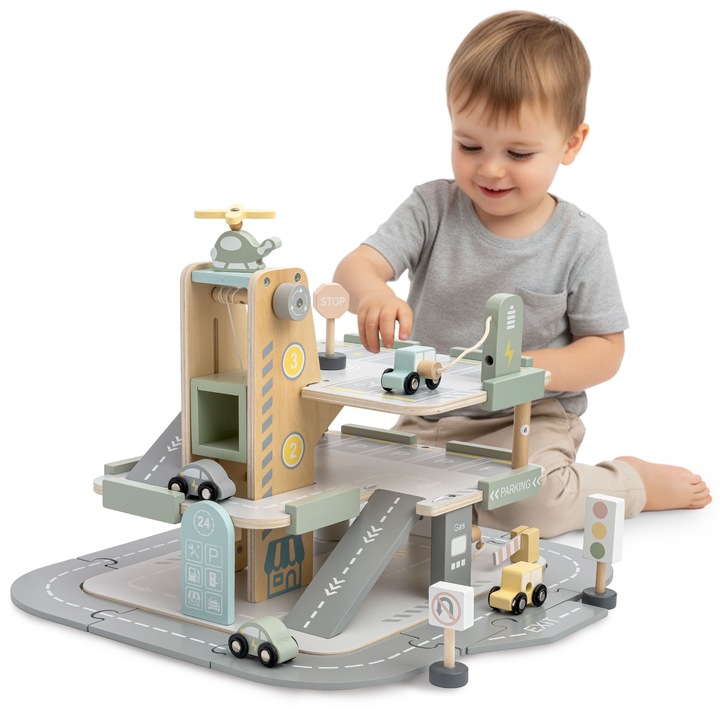 Гараж за деца, на 3 нива, с аксесоари, паркинг, бензиностанция, автомивка и хеликоптер, дърво