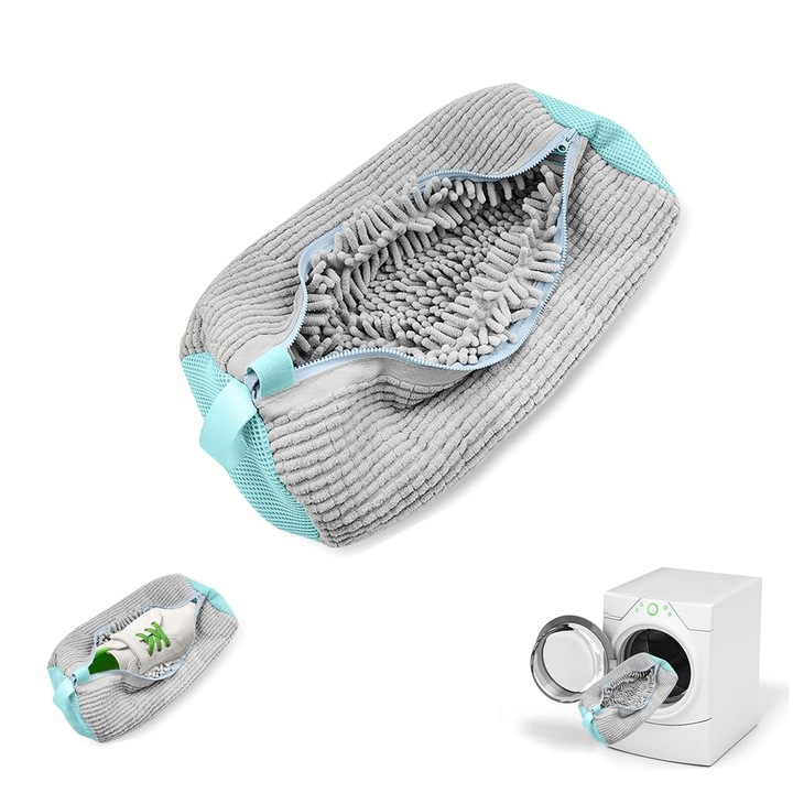 Sac pentru spalat incaltaminte in masina de spalat Omelivon®, material din fibra moale, reutilizabil, fermoar premium, potrivit pentru toate tipurile si marimile de incaltaminte, 39 x 19 cm, Gri