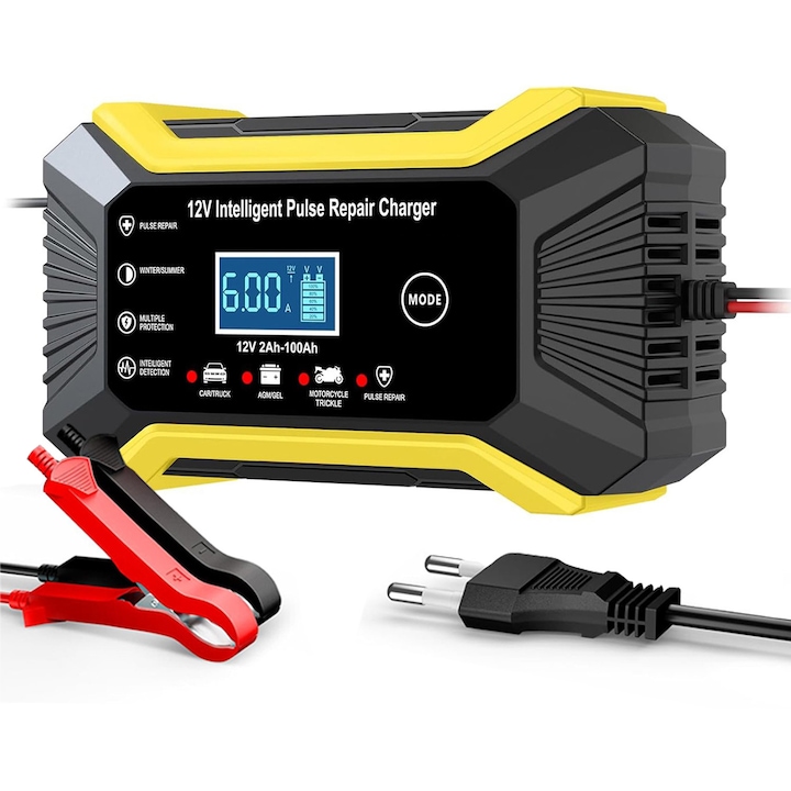 Многофункционален токоизправител за кола, 12V/6A, 4 режима, бързо зареждане, цифров екран, интелигентна защита, жълт