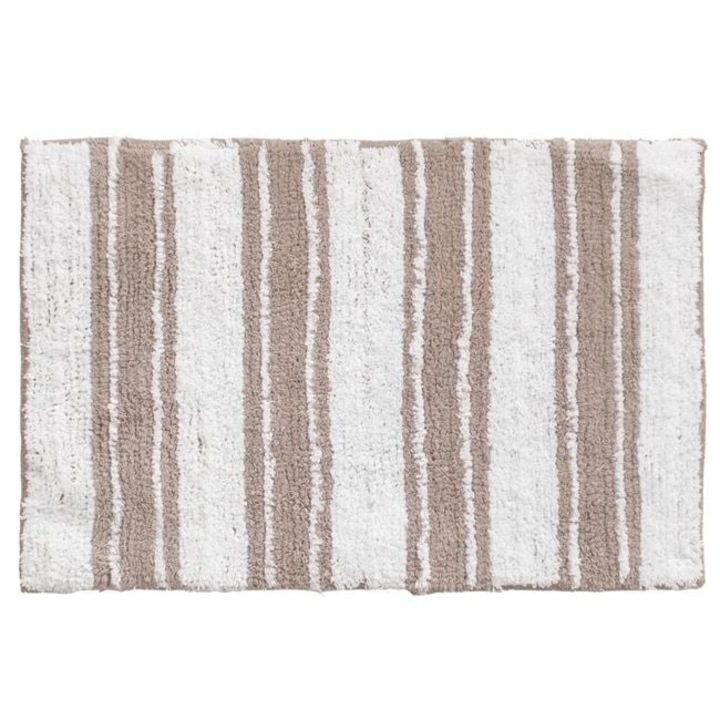 Covoras baie bej cu dungu Albe, antiderapant si absorbant, poliester, 60x40 cm