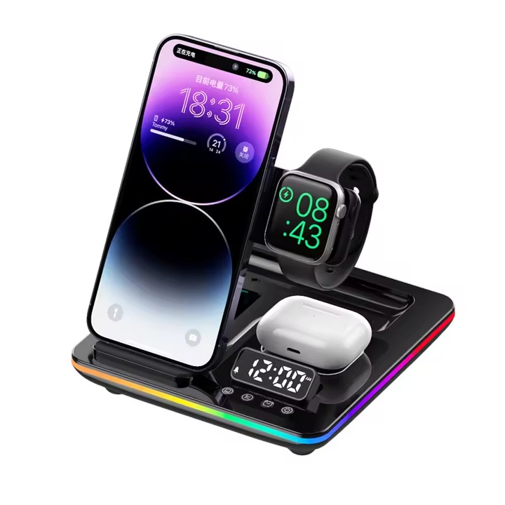 Statie Incarcare Wireless pentru iPhone, Smart Watch, AirPods/Pro, 5in1, Qi Super Fast Charge 25 W, Design Pliabil cu Actionare Automata, RGB Ambiental, Alarma/Ceas, MagSafe, Negru