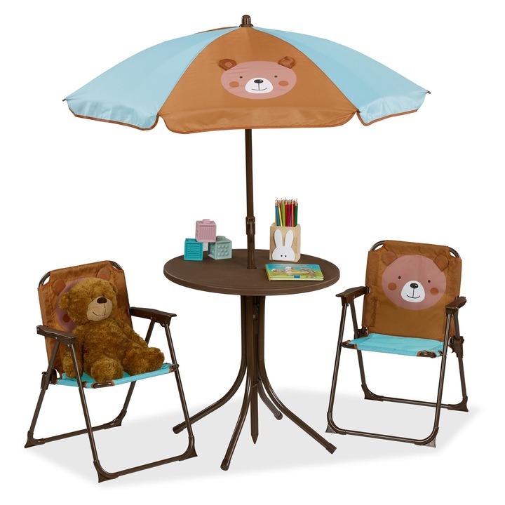 Set mobilier de camping/gradina pentru copii Relaxdays, 2 scaune pliante 36 x 37.5 x 53 cm, masuta 49.5 x 49.5 cm, Umbrela, Model ursulet multicolor, Poliester/Plastic