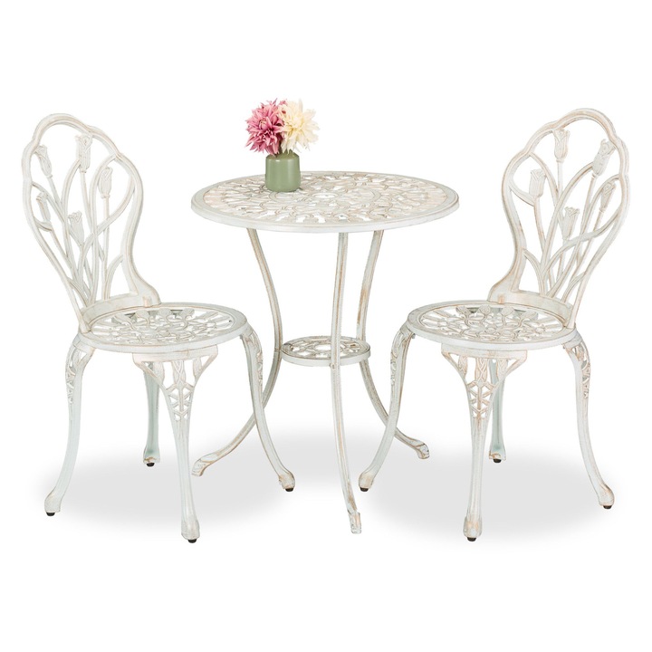 Set mobilier gradina Bistro Relaxdays, din aluminiu turnat, masa rotunda 67 x 60 cm, 2 scaune 85 x 41 x 41 cm, Vintage, Alb