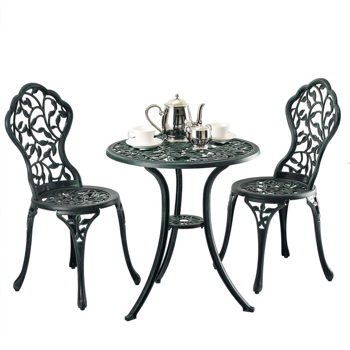 Set mobilier de gradina Relaxdays, din aluminiu, masa rotunda 65 x 60 cm, 2 scaune 86 x 41 x 47 cm, gradina/terasa, Verde