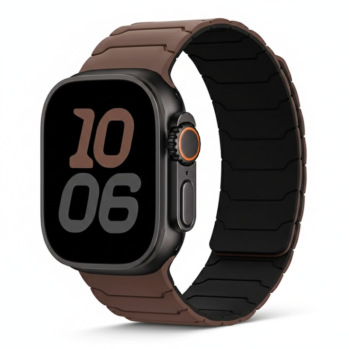 Curea Sport Premium din Silicon cu design tip Otel Inoxidabil. Compatibila cu Apple Watch Ultra/Ultra 2/Ultra 3/11/10/SE/9/8/7/6/5 (44/45/46/49 mm), Inchidere Magnetica, Confortabila si Eleganta, Culoarea Ciocolata-Negru