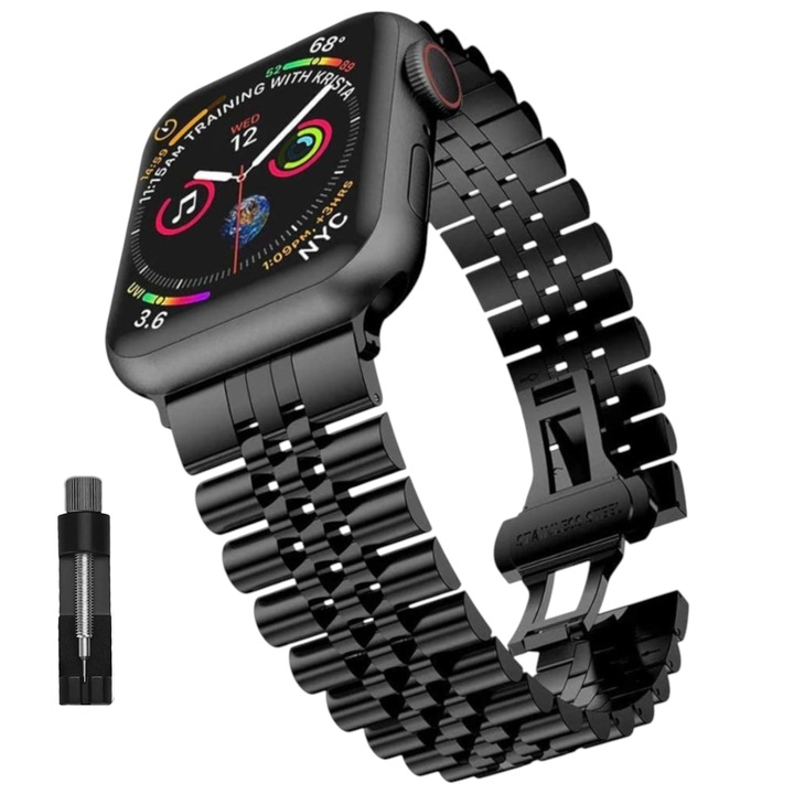 Метална каишка, съвместима с Apple Watch Ultra/Ultra 2/Ultra 3/SE/11/10/9/8/7/6/5, дисплей 44/45/46/49 мм, FunShop, издръжлива, с 1x устройство за регулиране на дължината на каишката, първокласно покритие, черна