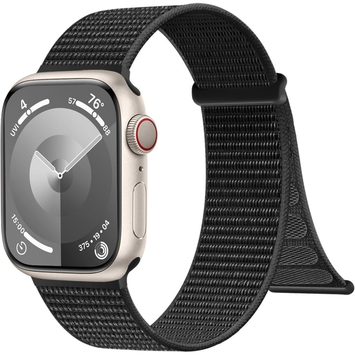 Curea casual Apple Watch din Nylon Respirabil cu Velcro Reglabil (Double Section), Compatibila cu Apple Watch Ultra/Ultra 2/Ultra 3/11/10/SE/9/8/7/6/5 (44/45/46/49 mm), Design Casual/Sport, Confortabila si Rezistenta, Culoarea Neagra