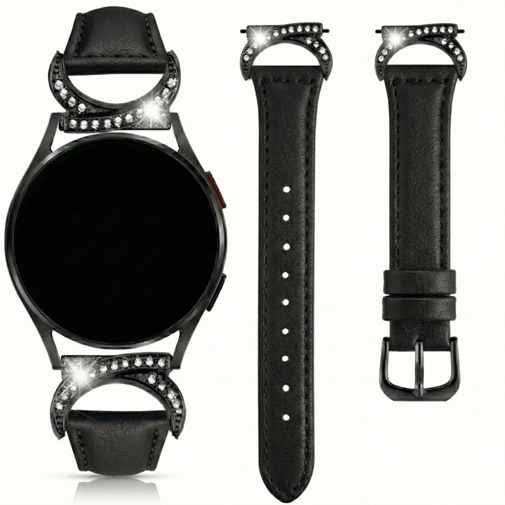 Curea piele naturala pentru Samsung Galaxy Watch 4 / 5 / 6 / 7 / FE, Huawei Watch GT2 / GT3 42mm, Polar 2 / 3 / Unite, Amazfit Bip GTR 42mm, GTS 2 / 3 / 4 / Mini, Garmin Forerunner 165 / 245 / 55 / 645, Venu / SQ, Vivoactive 3 / 5 / Music, 20mm, Negru