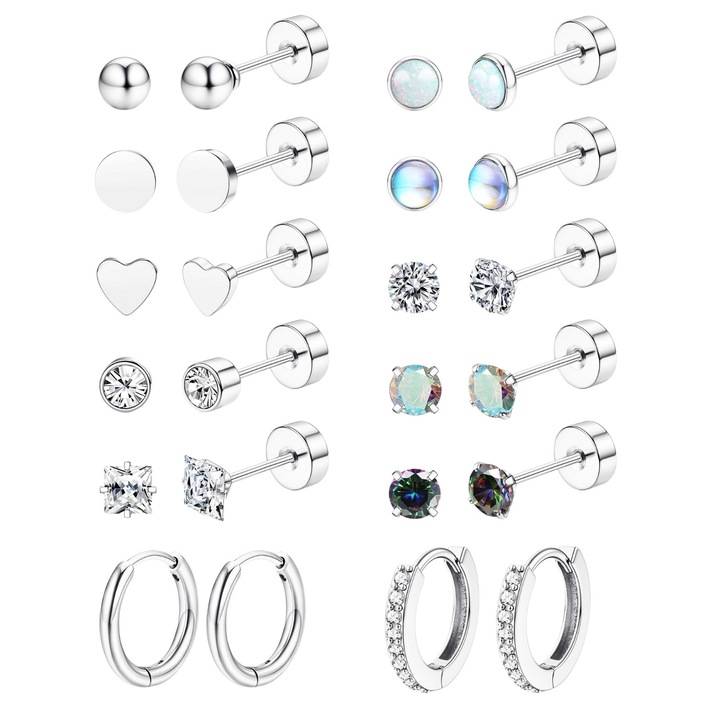 Cercei hipoalergenici pentru femei, set de 12 perechi, opal, zirconiu, otel inoxidabil chirurgical 316, cercei cu cartilaj plat, bijuterie cadou pentru femei, Omelivon®, argint