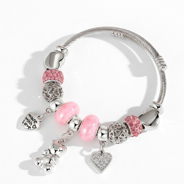 Bratara pandora de dama cu charmuri, model de Inima si bear, pietre zirconiu/perle sintetice, argintiu/roz, include cutii de bijuterii
