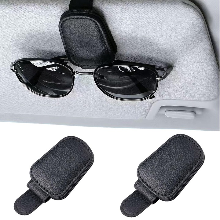 Set 2 Suporturi Auto pentru Ochelari de Soare, FooFoony, Negru, Piele Texturata, Prindere Magnetica
