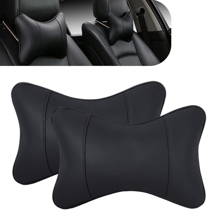 Set 2 perne auto tetiera, FooFoony, piele PU, umplute cu bumbac, negru, 265x180x88mm