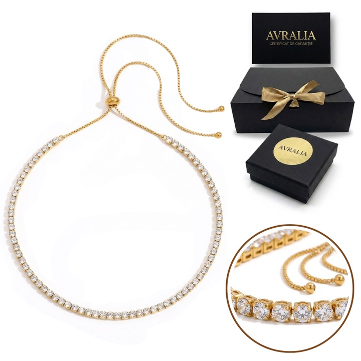 Colier Tennis placat cu Aur 18K, Cristale Zirconiu Premium, Lungime 76 cm Reglabila, Pachet Cadou inclus