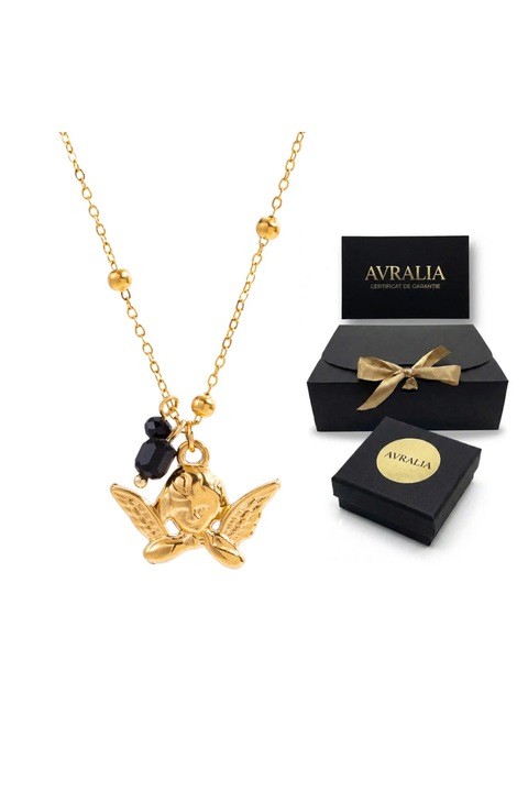 Lantisor placat cu Aur 18K, Pandantiv Ingeras si Cristale Negre, Otel Inoxidabil 316L Antioxidare, Lungime 40 cm reglabil+extender, Pachet Cadou inclus