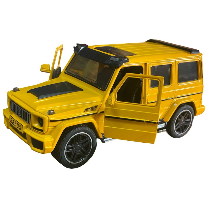 Mercedes G osztály makett, sárga, hanggal, fénnyel, nyitható első ajtókkal 1:24