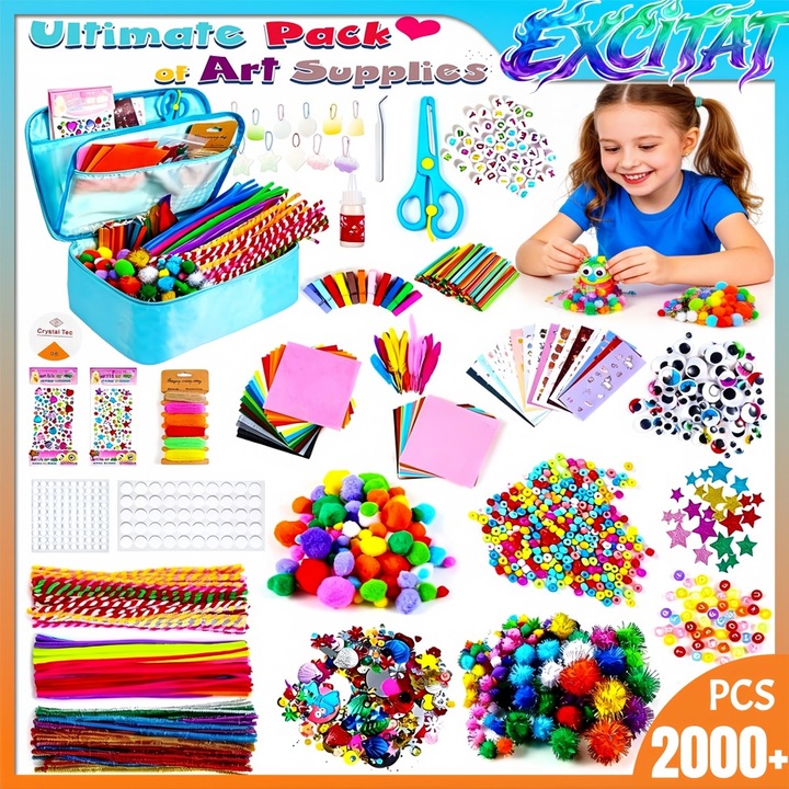 Set materiale de artizanat pentru copii, Excitat®, cu Geanta de Organizare, Utilizarea imaginatiei si a creativitatii, Plastic/Lemn/Textil, Homeschool Jucarii educative pentru fete si baieti 4 5 6 7 8 ani, Multicolor