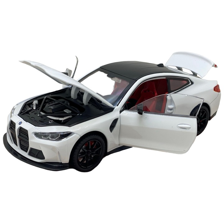 Macheta metal BMW M4 alb 1:24 cu sunet, lumini, claxon, deschide usi, capote
