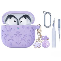 Husa iNext compatibila cu AirPods 4 si 5, breloc dragut cu flori de cires si kit de curatare, husa moale din silicon rezistenta la socuri, gravata cu flori, compatibila cu AirPods 4 si 5, Violet