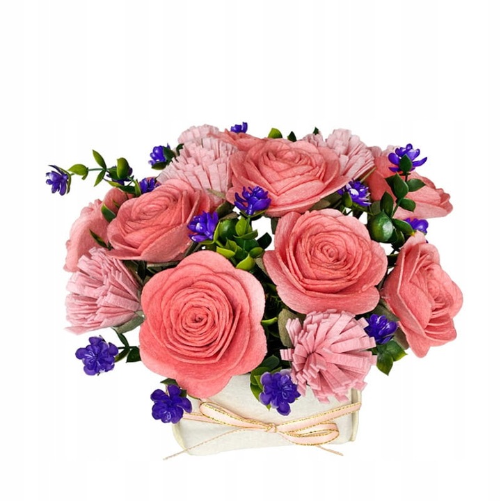 Set Aranjament Floral DIY, Habarri, Material Fetru, Varsta Minima 8+, Nivel Dificultate 6/7, Certificat CE, Floare Mare 6,5 cm, Floare Mica 4,5 cm, Ramura Verde 19 cm, Cos Asamblat 10x10x18 cm