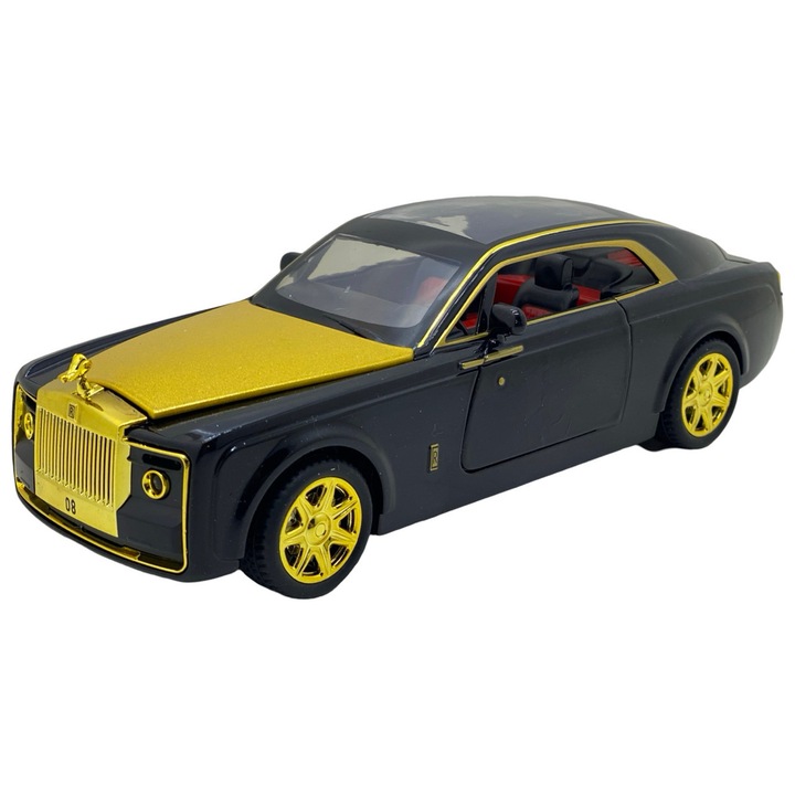 Fém makett Rolls Royce Phantom limuzin fekete arany replika nyitható ajtók, motorháztető és csomagtartó 1/24 méretarány