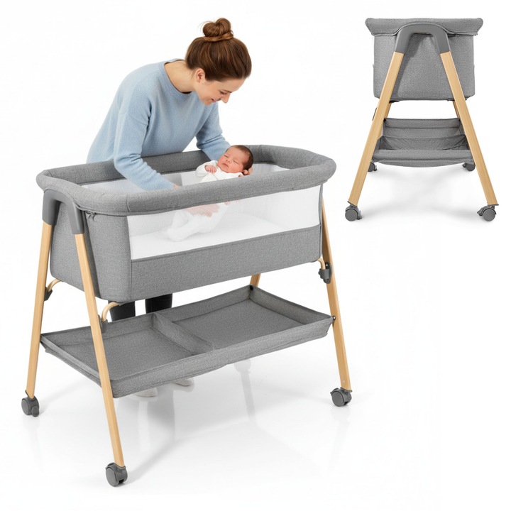 Бебешко легло Moby System Mili, сгъваемо, с матрак, сиво, 88x56x77,5 см