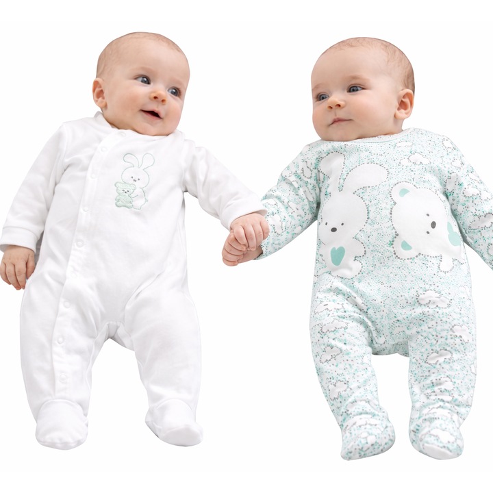 iDO 2 részes hosszú pamut rugdalózó szett babáknak mintával, fehér, zöld