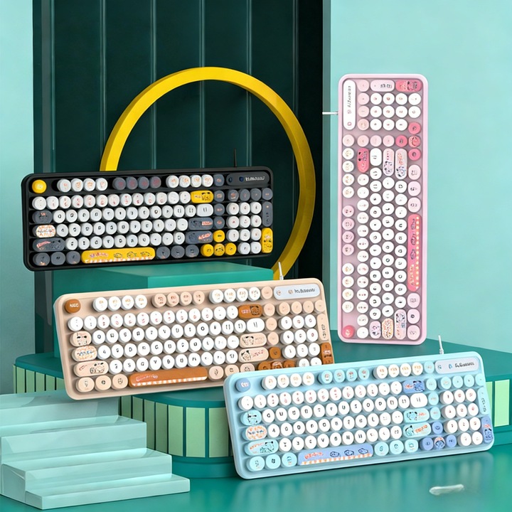 Tastatură USB retro punk, design ergonomic, bej