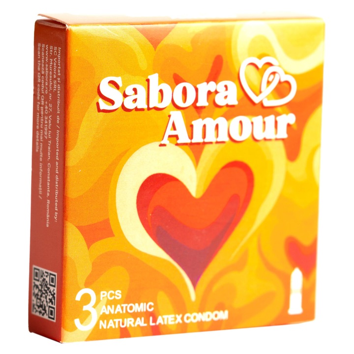 Prezervative premium Sabora Amour - Anatomic, din latex natural, cu puncte si striatii, 52 mm, 3 buc