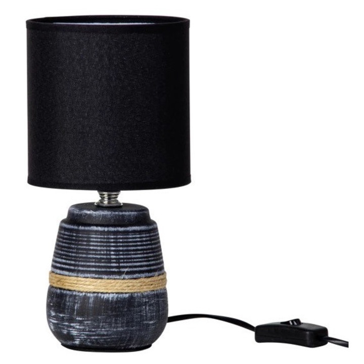 Veioza din ceramica, alb-negru, abajur negru, 26 cm, soclu E14