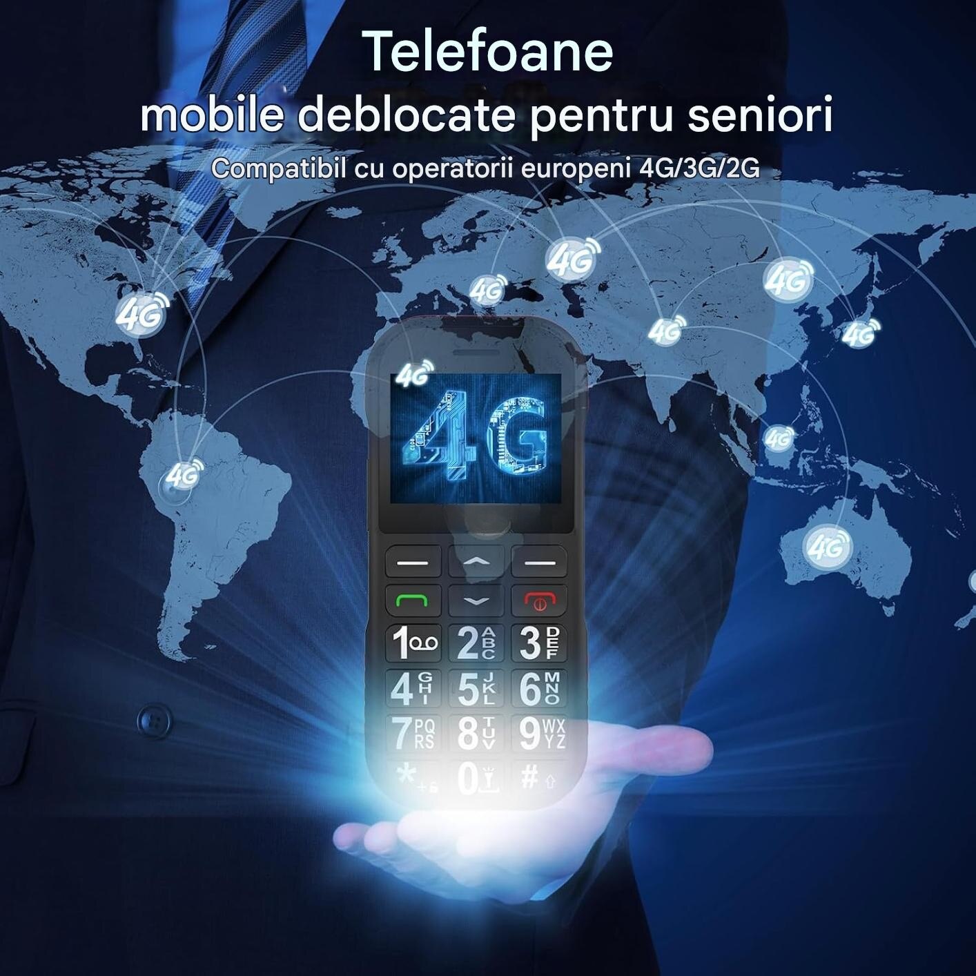 Telefon Mobil Seniori, Dual Sim, Buton SOS, Bluetooth, Radio FM, Baterie de Lunga Durata, Lanterna, Functie Apel Rapid, Incarcare USB-C si Stand, Sunet Puternic, Display 1.77 inch, Butoane mari pentru Varstnici, WIRSEN®, Negru