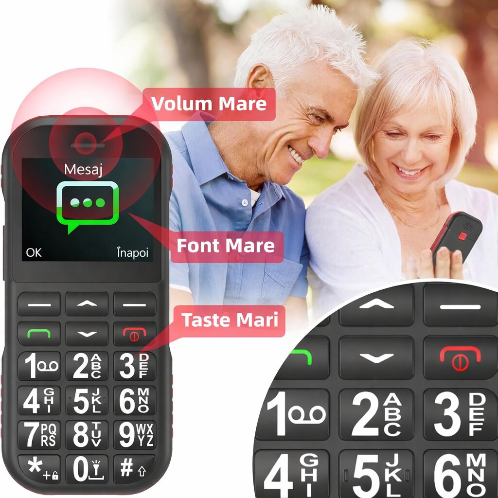 Telefon Mobil Seniori, Dual Sim, Buton SOS, Bluetooth, Radio FM, Baterie de Lunga Durata, Lanterna, Functie Apel Rapid, Incarcare USB-C si Stand, Sunet Puternic, Display 1.77 inch, Butoane mari pentru Varstnici, WIRSEN®, Negru