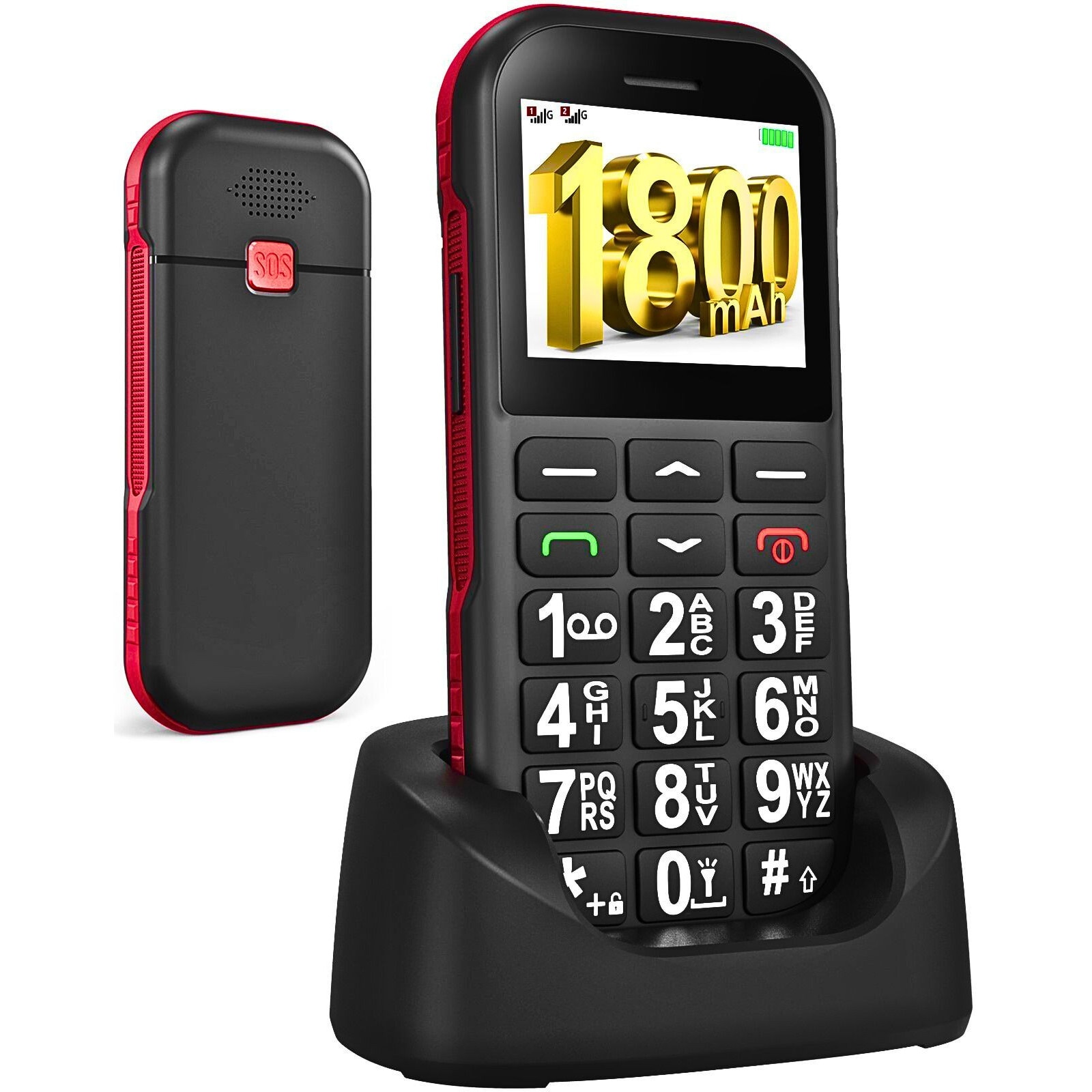 Telefon Mobil Seniori, Dual Sim, Buton SOS, Bluetooth, Radio FM, Baterie de Lunga Durata, Lanterna, Functie Apel Rapid, Incarcare USB-C si Stand, Sunet Puternic, Display 1.77 inch, Butoane mari pentru Varstnici, WIRSEN®, Negru