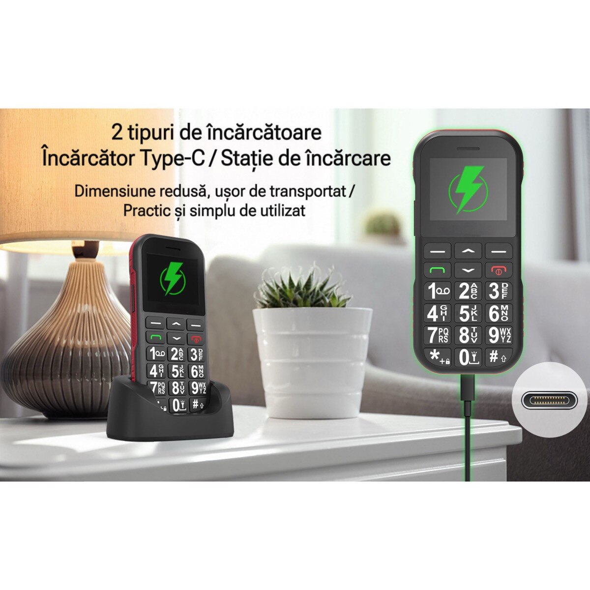 Telefon Mobil Seniori, Dual Sim, Buton SOS, Bluetooth, Radio FM, Baterie de Lunga Durata, Lanterna, Functie Apel Rapid, Incarcare USB-C si Stand, Sunet Puternic, Display 1.77 inch, Butoane mari pentru Varstnici, WIRSEN®, Negru