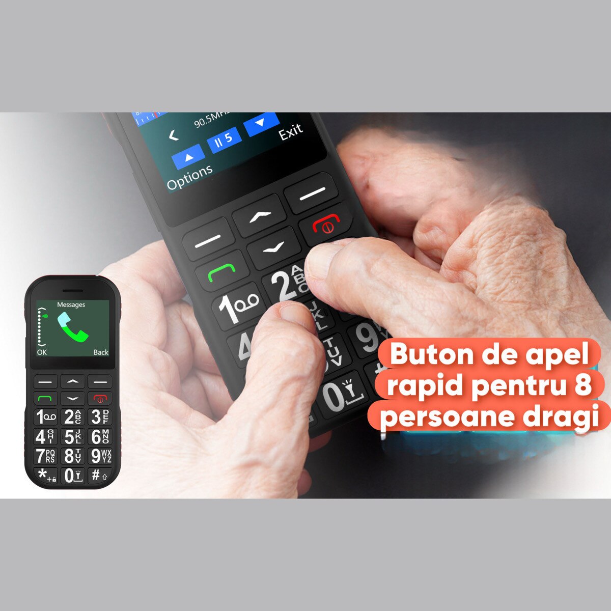 Telefon Mobil Seniori, Dual Sim, Buton SOS, Bluetooth, Radio FM, Baterie de Lunga Durata, Lanterna, Functie Apel Rapid, Incarcare USB-C si Stand, Sunet Puternic, Display 1.77 inch, Butoane mari pentru Varstnici, WIRSEN®, Negru
