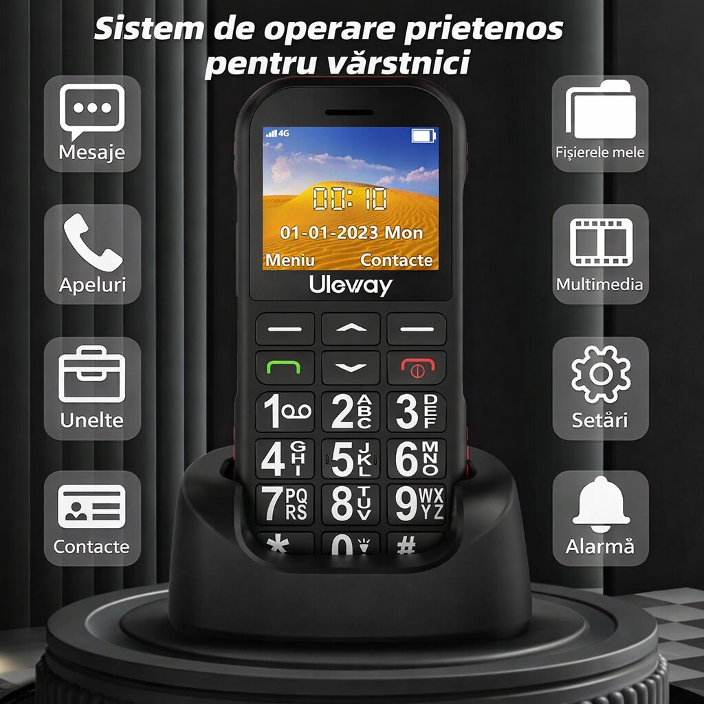 Telefon Mobil Seniori, Dual Sim, Buton SOS, Bluetooth, Radio FM, Baterie de Lunga Durata, Lanterna, Functie Apel Rapid, Incarcare USB-C si Stand, Sunet Puternic, Display 1.77 inch, Butoane mari pentru Varstnici, WIRSEN®, Negru