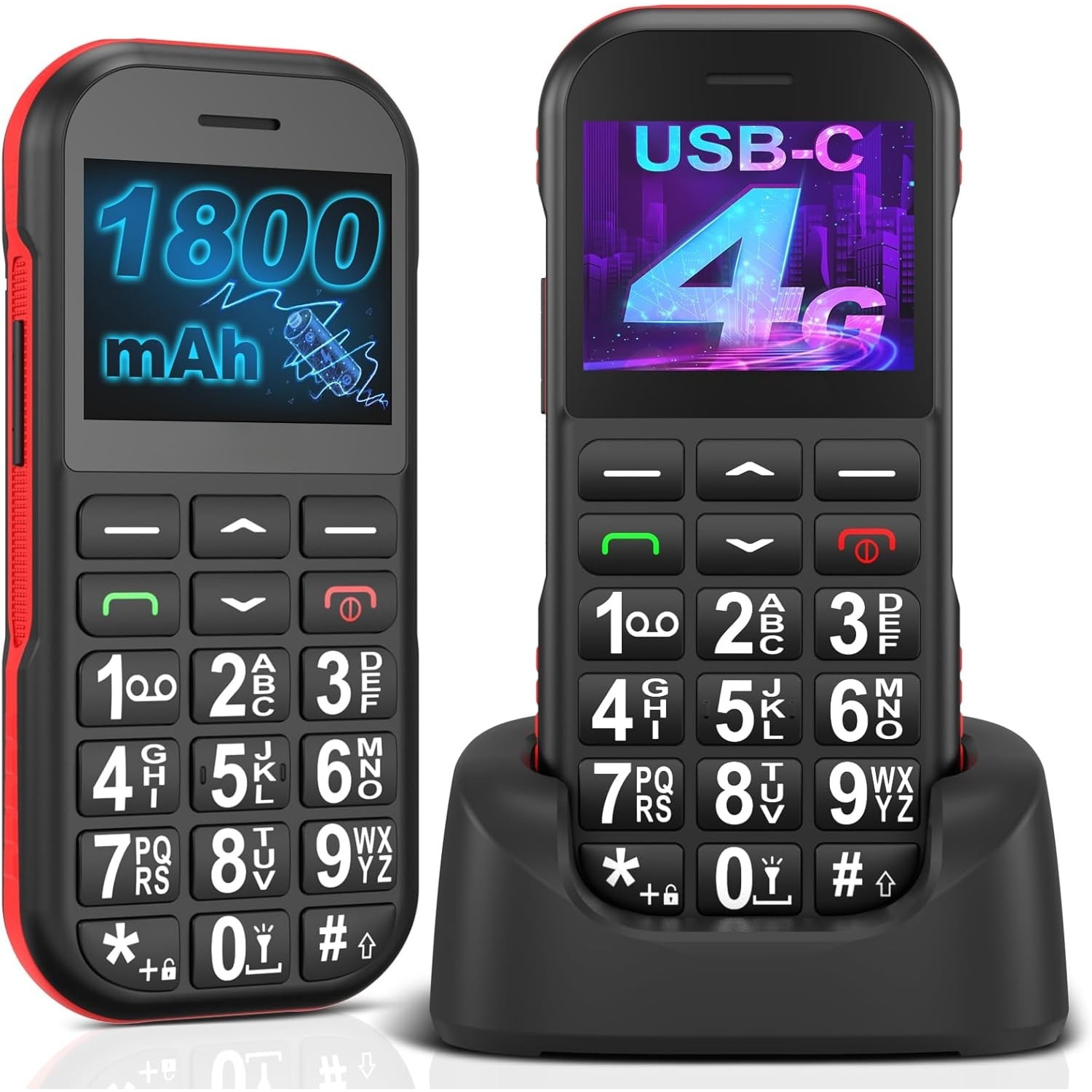 Telefon Mobil Seniori, Dual Sim, Buton SOS, Bluetooth, Radio FM, Baterie de Lunga Durata, Lanterna, Functie Apel Rapid, Incarcare USB-C si Stand, Sunet Puternic, Display 1.77 inch, Butoane mari pentru Varstnici, WIRSEN®, Negru