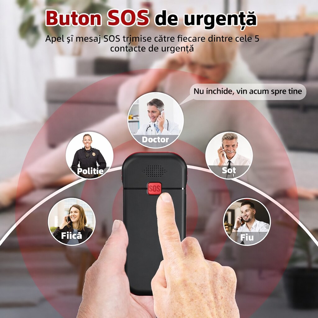 Telefon Mobil Seniori, Dual Sim, Buton SOS, Bluetooth, Radio FM, Baterie de Lunga Durata, Lanterna, Functie Apel Rapid, Incarcare USB-C si Stand, Sunet Puternic, Display 1.77 inch, Butoane mari pentru Varstnici, WIRSEN®, Negru