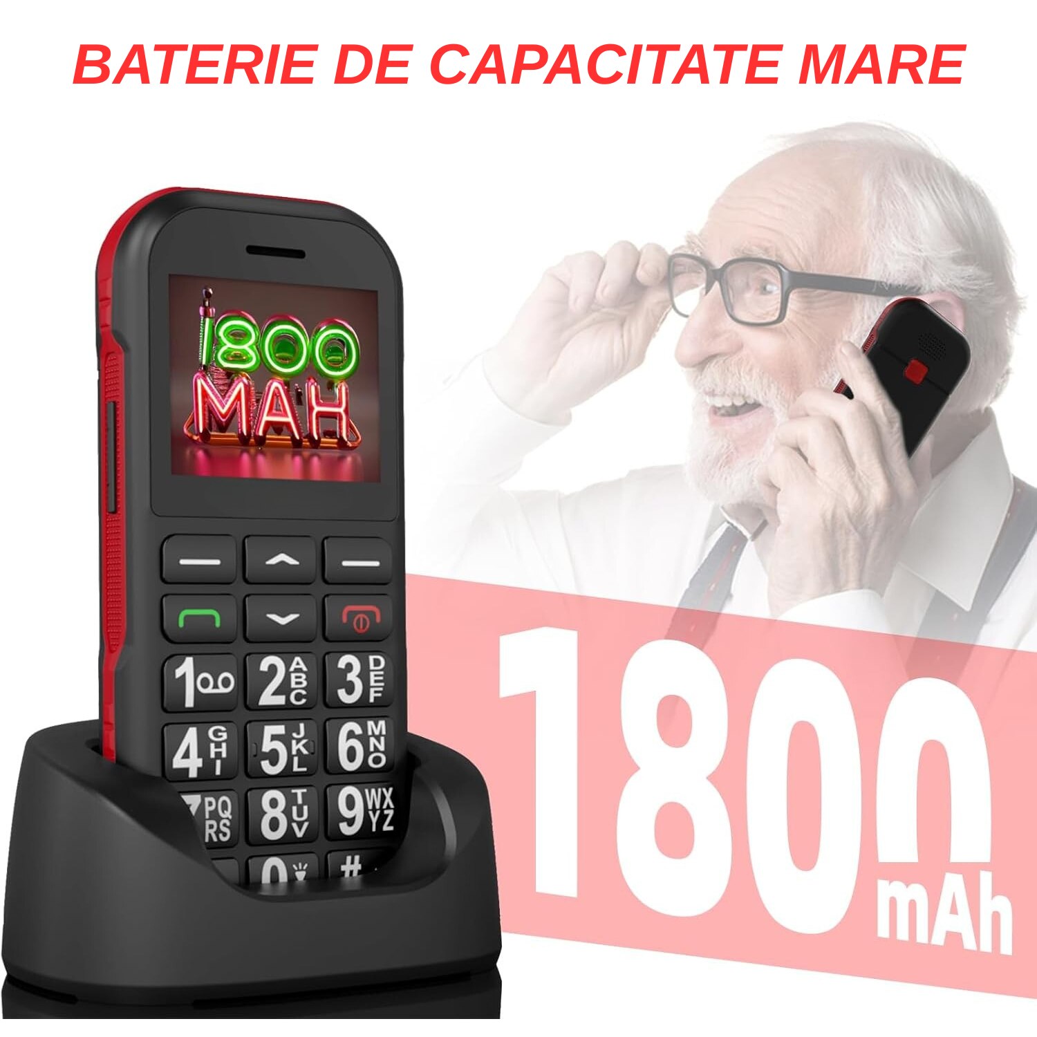 Telefon Mobil Seniori, Dual Sim, Buton SOS, Bluetooth, Radio FM, Baterie de Lunga Durata, Lanterna, Functie Apel Rapid, Incarcare USB-C si Stand, Sunet Puternic, Display 1.77 inch, Butoane mari pentru Varstnici, WIRSEN®, Negru
